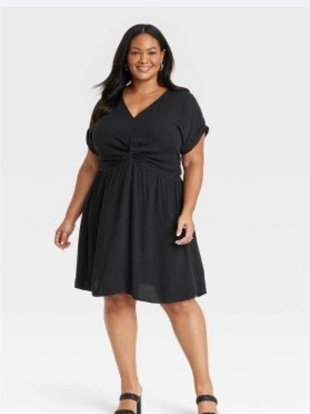 Ava & Viv Black V‑Neck Twist Waist Dress With POCKETS